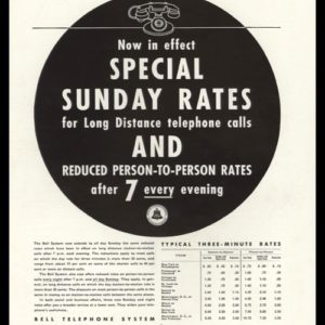1936 Bell Telephone ad with special Sunday rates table for various cities.