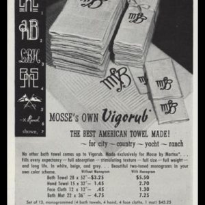1947 Mosse Linen Vigorub Towels ad with illustration of monogrammed towels.