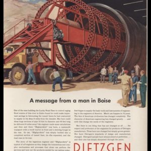 1953 Eugene Dietzgen Co. Vintage Ad - art illustration of Trucks hauling huge tunnel liners for Lucky Peak Dam Construction