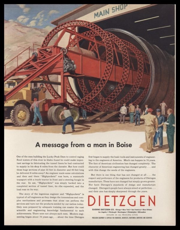 1953 Eugene Dietzgen Co. Vintage Ad - art illustration of Trucks hauling huge tunnel liners for Lucky Peak Dam Construction