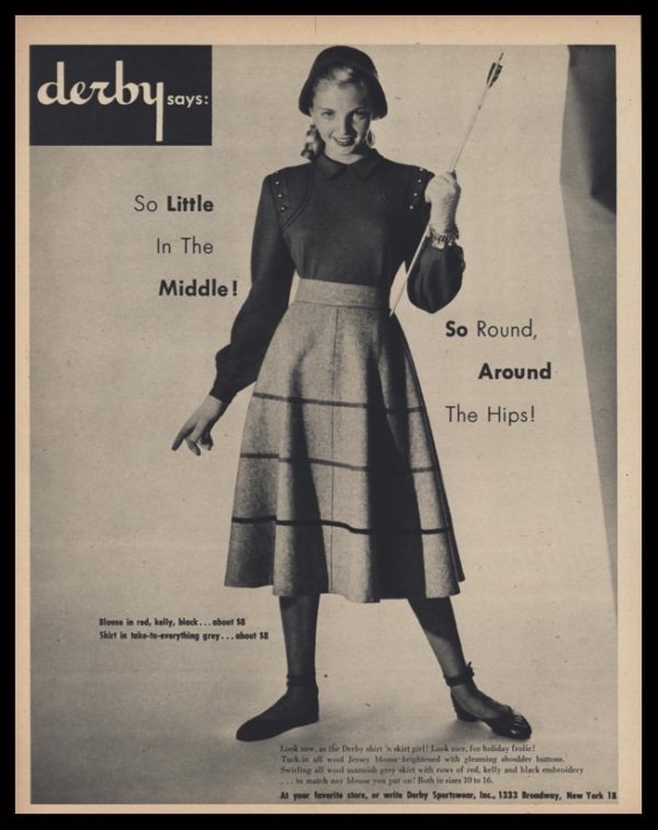 1947 Derby Sportswear Shirt ‘n Skirt Vintage Ad | enticing young lady holding an arrow
