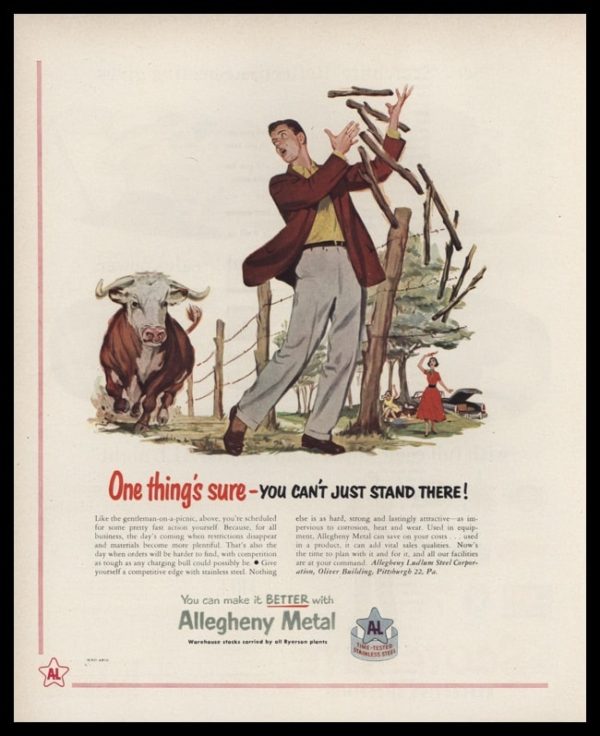 1953 Allegheny Metal Vintage Ad | Charging Bull Art