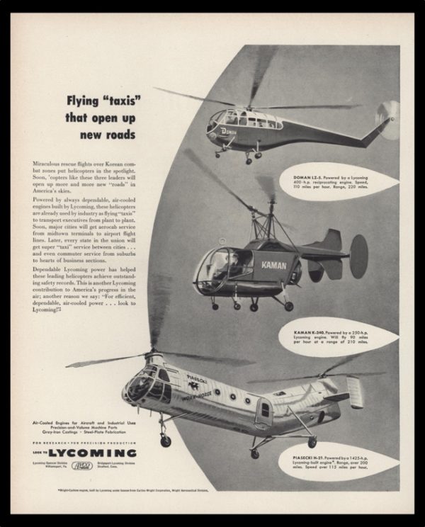 1953 Lycoming Air-Cooled Engines Vintage Ad | Flying Taxis