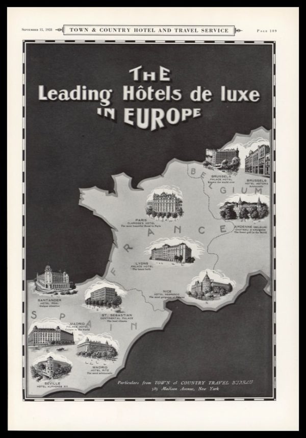 1928 Town & Country Travel Bureau Vintage Ad | Map Art
