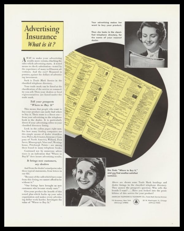 1936 Ad AT&T Trade Mark Service | Advertising Insurance
