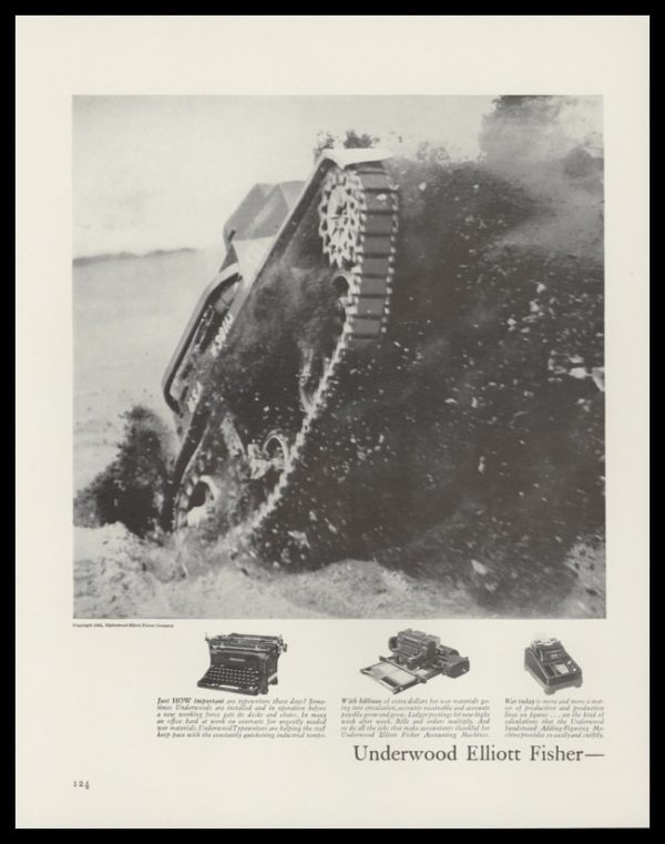 1942 Underwood Typewriter 2-Page Vintage Print Ad - Tank Action Photo- Page 1