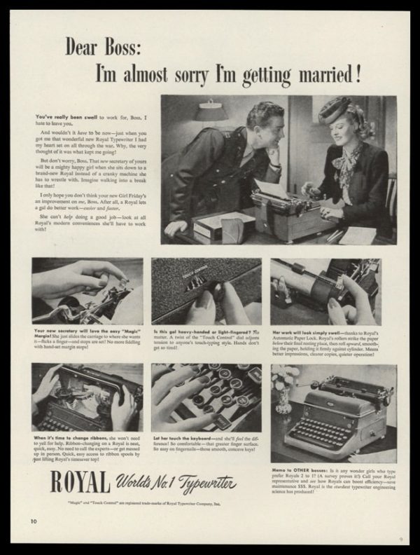 1946 Royal Typewriter Vintage Ad | "Dear Boss:"
