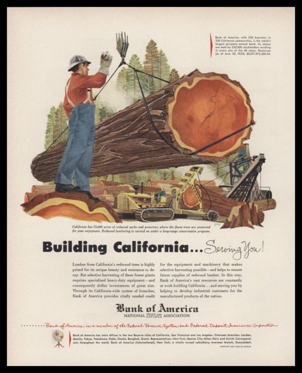 1953 Bank of America Vintage Ad | Redwood Logging