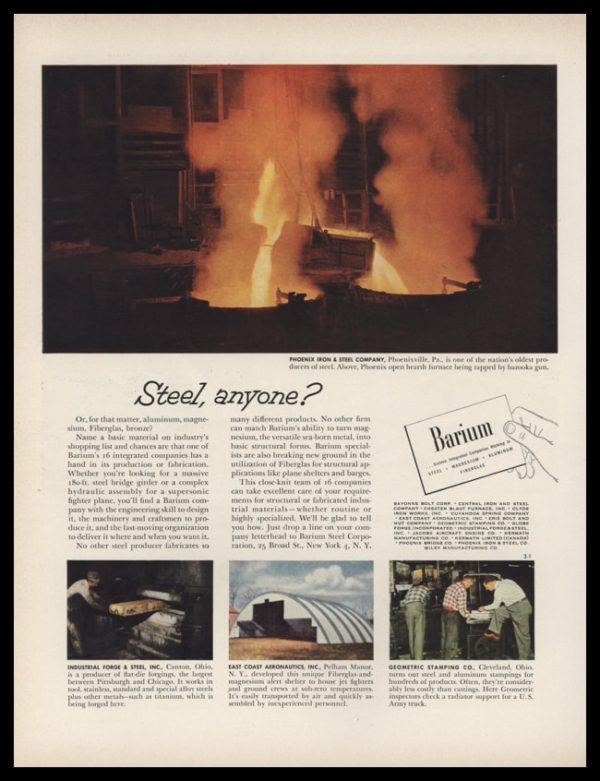 1953 Barium / Phoenix Iron & Steel Co. Vintage Ad