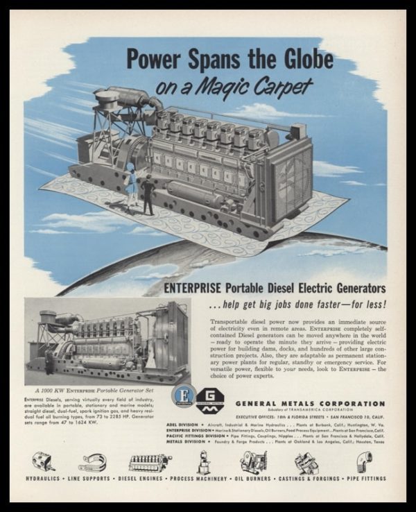 1953 Enterprise Generators Vintage Ad - Diesel Powered Magic Carpet