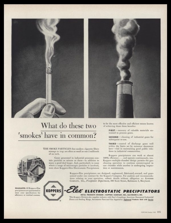 1953 Koppers-Elex Vintage Ad | Smokestack-Cigarette Art
