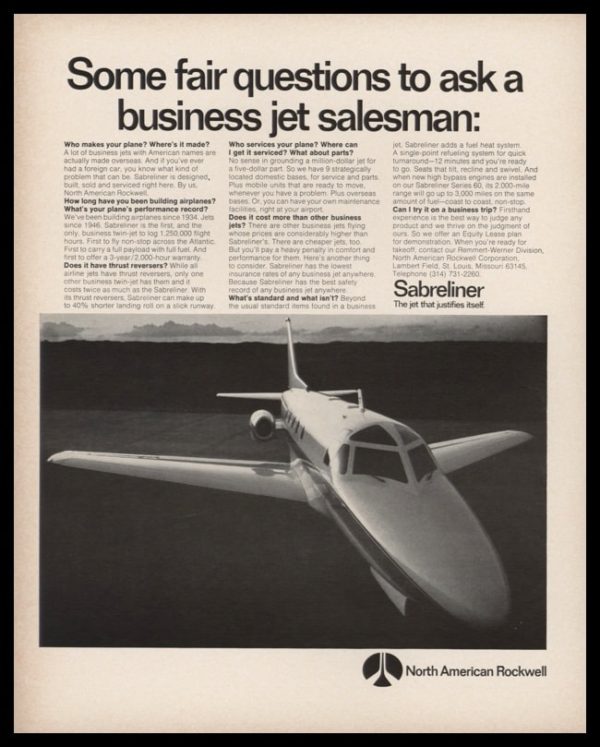 1969 North American Rockwell Sabreliner Jet Vintage Ad