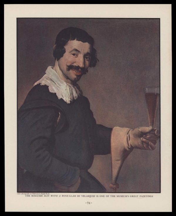 1938 Roguish Man With a Wine Glass by Diego Velasquez Vintage Print