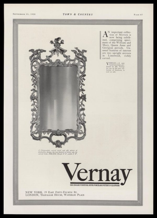1928 Vernay Vintage Ad | Chippendale Mirror