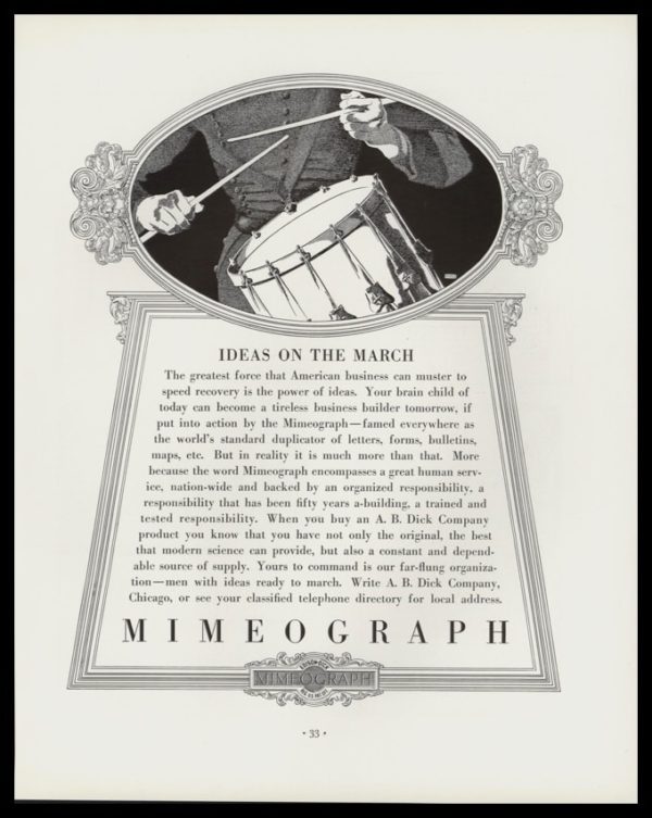 1936 A.B. Dick Mimeograph Vintage Ad - Donald Denton Drummer Art