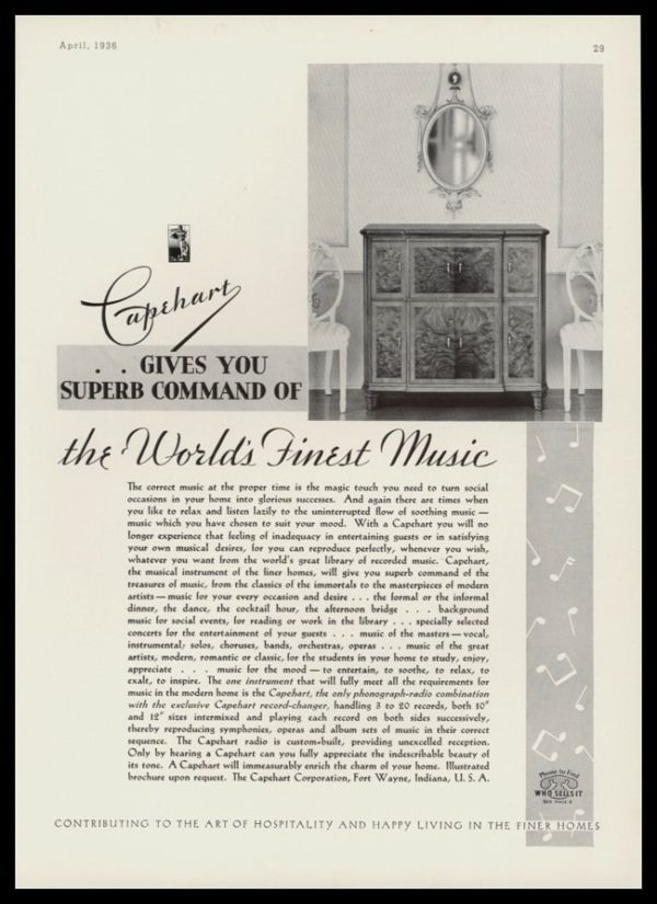 1936 Capehart Phonograph~Radio Vintage Ad