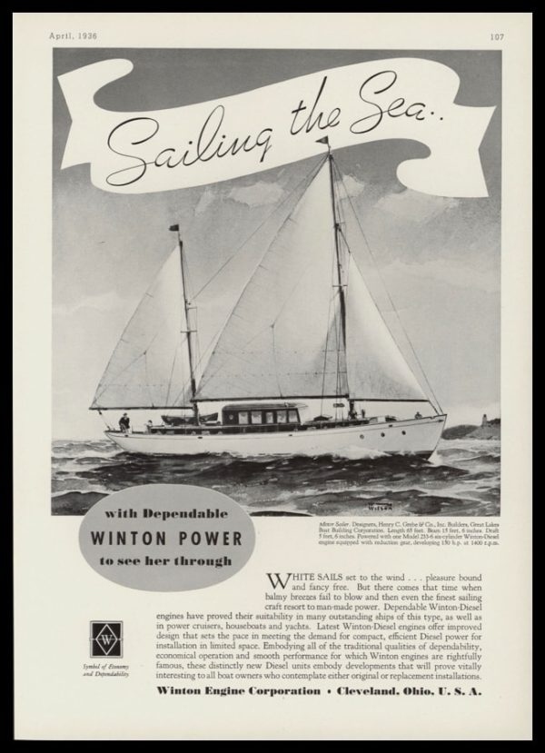 1936 Winton Engine Corp Vintage Ad | Sailboat Art
