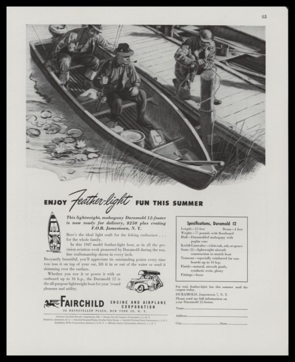1947 Fairchild Feather-light Boat Vintage Ad | Fishing Art