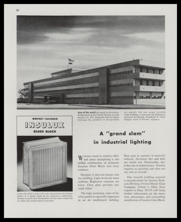 1947 Ad Insulux Glass Block | U.N. Building~Lake Success