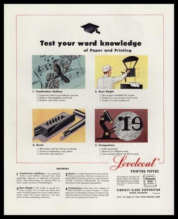 1947 Kimberly-Clark Vintage Ad | Levelcoat Papers