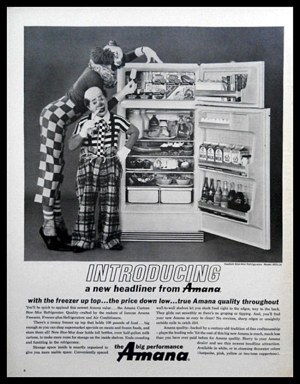 1963 Amana Refrigerators Vintage Ad | Clowns