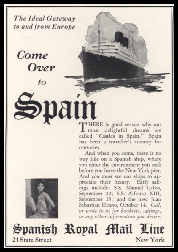 1928 Spanish Royal Mail Line Vintage Ad - "Come Over to Spain"