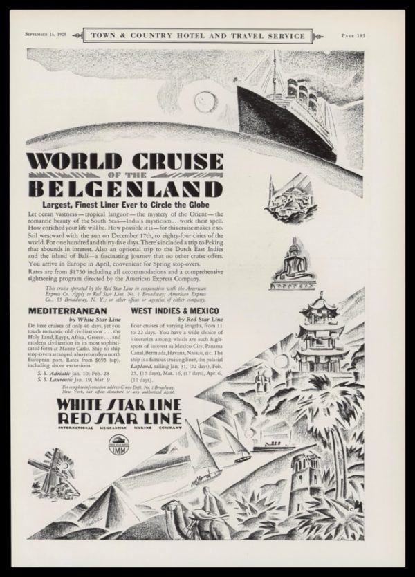 1928 Red~White Star Lines Vintage Ad | Herbert Roese Art