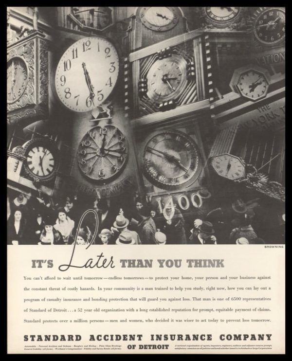 1936 Standard Accident Insurance Co. of Detroit Vintage Ad - Clocks