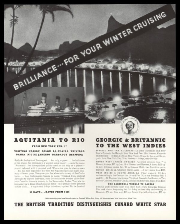 1938 Cunard White Star Vintage Ad | Aquitania to Rio