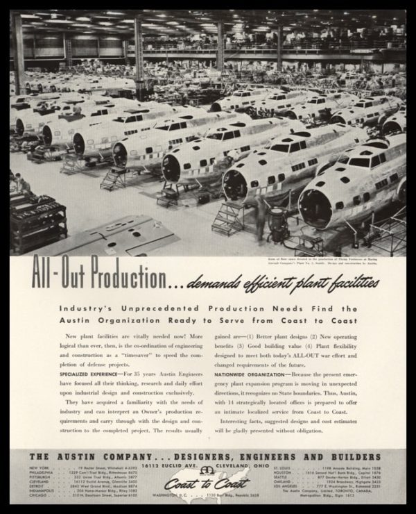 1942 The Austin Co. Vintage Ad | Boeing Aircraft Plant
