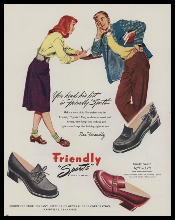 1947 Edgewood Shoe Co. Vintage Ad | Friendly "Sports"