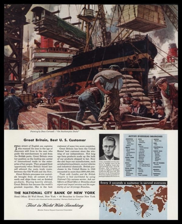 1947 National City Bank of NY Vintage Ad - Dean Cornwell Art -Southampton Docks