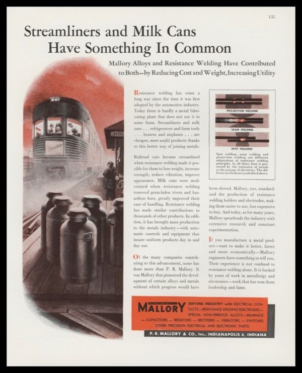 1947 P. R. Mallory & Co. Vintage Ad | Streamliner Train Art