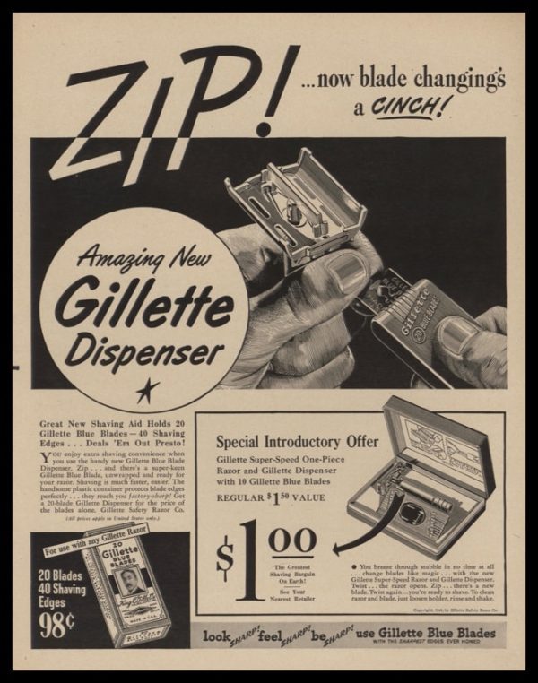 1948 Gillette Safety Razor Blades Vintage Ad | "Zip!"