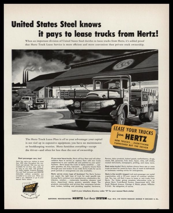 1953 Hertz Truck Lease Vintage Print Ad - US Steel