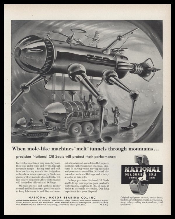 1953 National Motor Bearing Vintage Ad | Radebaugh Art - "mole-like machines"