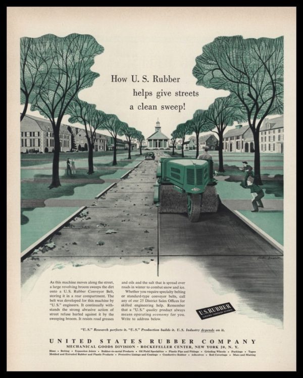 1953 U.S. Rubber Co. Vintage Ad - Gaston Sudaka Street Sweeper Art