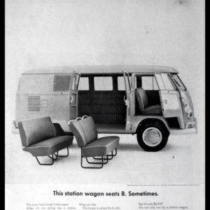 1964 VW Kombi Bus Vintage Ad | "seats 8. Sometimes"