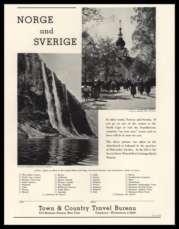 1933 Ad Town & Country Travel Bureau | Norway & Sweden