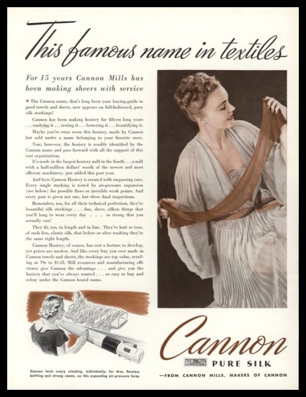 1938 Cannon Hosiery Vintage Ad | Pure Silk Sheer Stockings