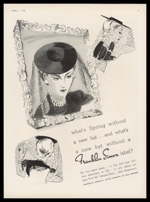 1938 Franklin Simon Vintage Ad | Veiled Sailor Hat