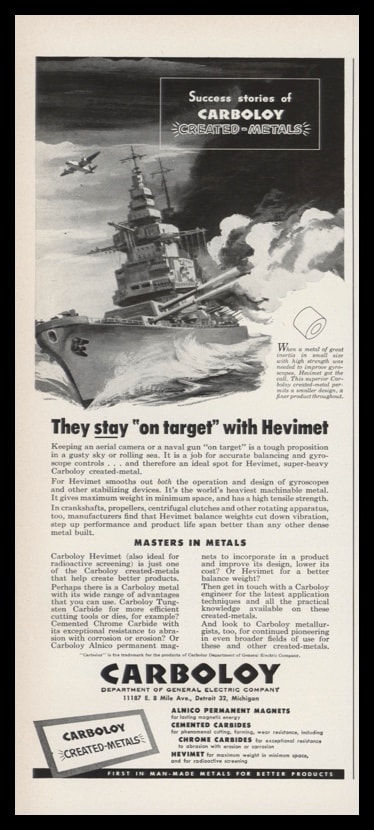 1952 Carboloy Hevimet Vintage Ad | Battleship Art