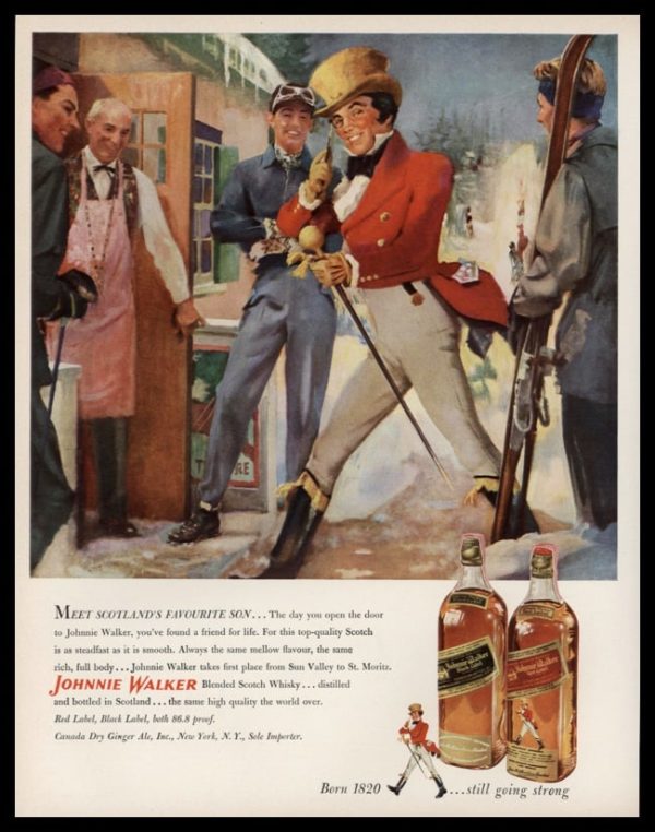 1952 Johnnie Walker Scotch Vintage Ad | Snow Ski Art