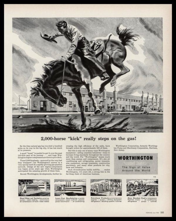 1952 Worthington Corp. Vintage Ad | Bronc Rider Art