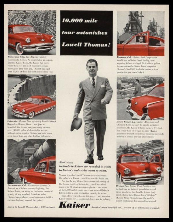 1953 Kaiser Automobile Vintage Ad | Lowell Thomas