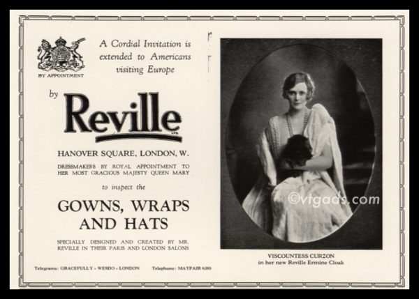 1925 Reville Ermine Cloak Vintage Ad | Viscountess Curzon