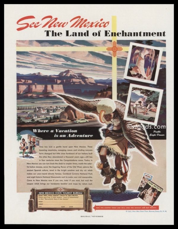1947 New Mexico Tourist Bureau Vintage Ad | Pueblo Dancer