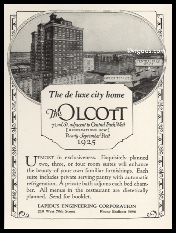 1925 Olcott Residence Hotel Vintage Ad