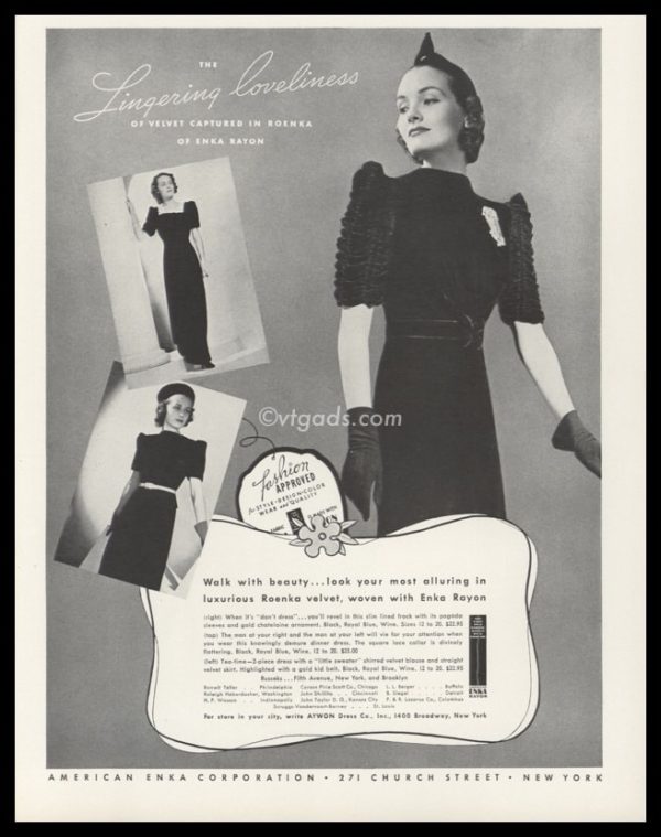 1938 American Enka Vintage Ad | Roenka Velvet Dress
