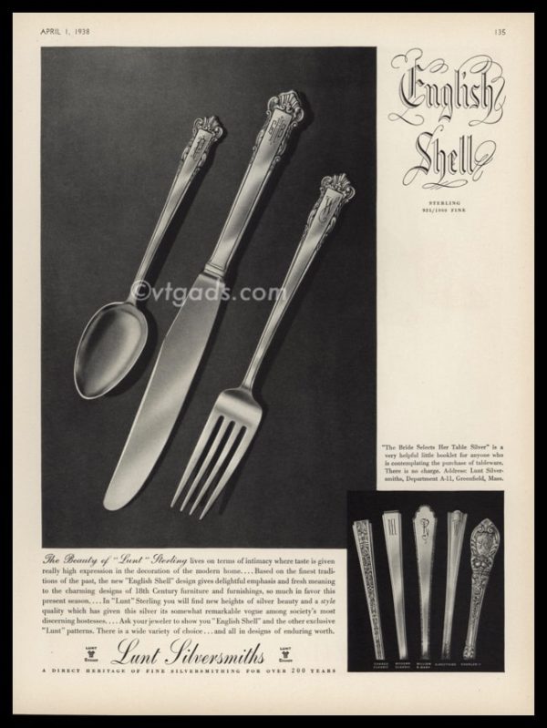 1938 Lunt Silversmiths Vintage Ad | English Shell Pattern